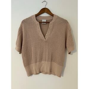 Varley Callie Knit Boxy Split V-Neck Short Sleeve Top Open Knit Moonlight Tan M
